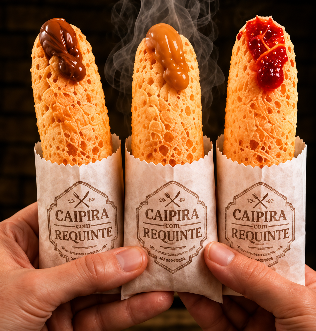 Três churros de pão de queijo nas embalagens originais da marca
